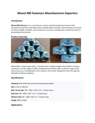 Monel 400 Fasteners Exporters