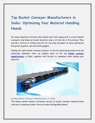 Top Bucket Conveyor Manufacturers in India