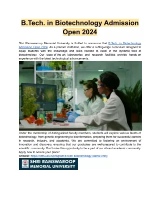 b tech in biotechnology admission open 2024
