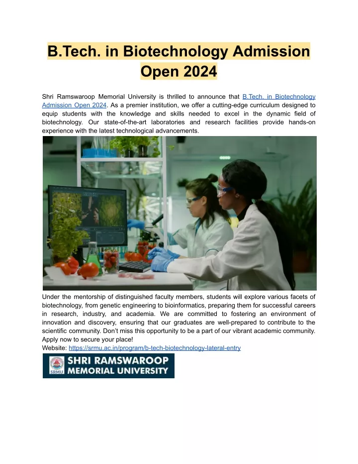 b tech in biotechnology admission open 2024