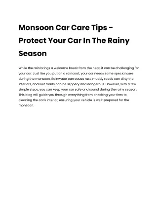 Monsoon Car Care Tips - Protect Your Car In The Rainy Season.