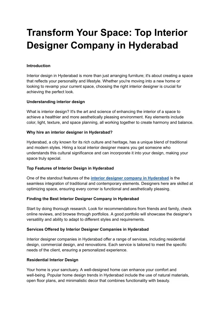 PPT - Transform Your Space_ Top Interior Designer Company in Hyderabad ...