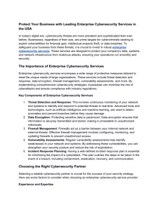 Protect Your Business with Leading Enterprise Cybersecurity Services in the USA