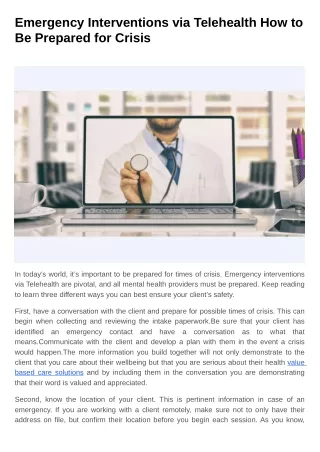 Emergency Interventions via Telehealth How to Be Prepared for Crisis