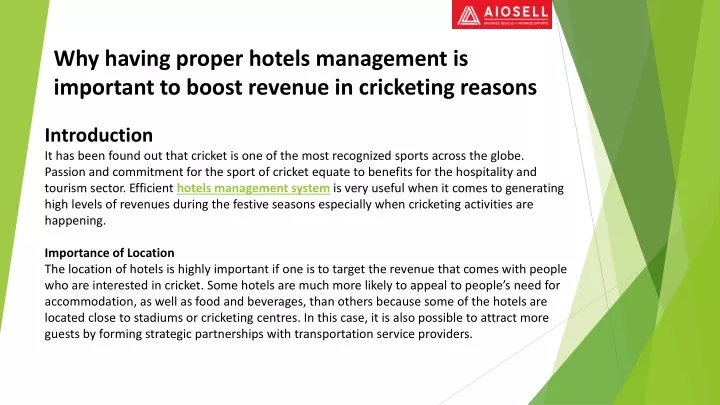 why having proper hotels management is important to boost revenue in cricketing reasons