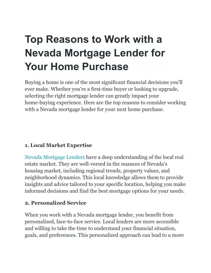 top reasons to work with a nevada mortgage lender