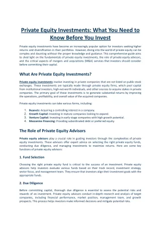 Private Equity Investments What You Need to Know Before You Invest