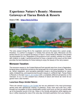 Experience Nature's Beauty- Monsoon Getaways at Tiaraa Hotels & Resorts