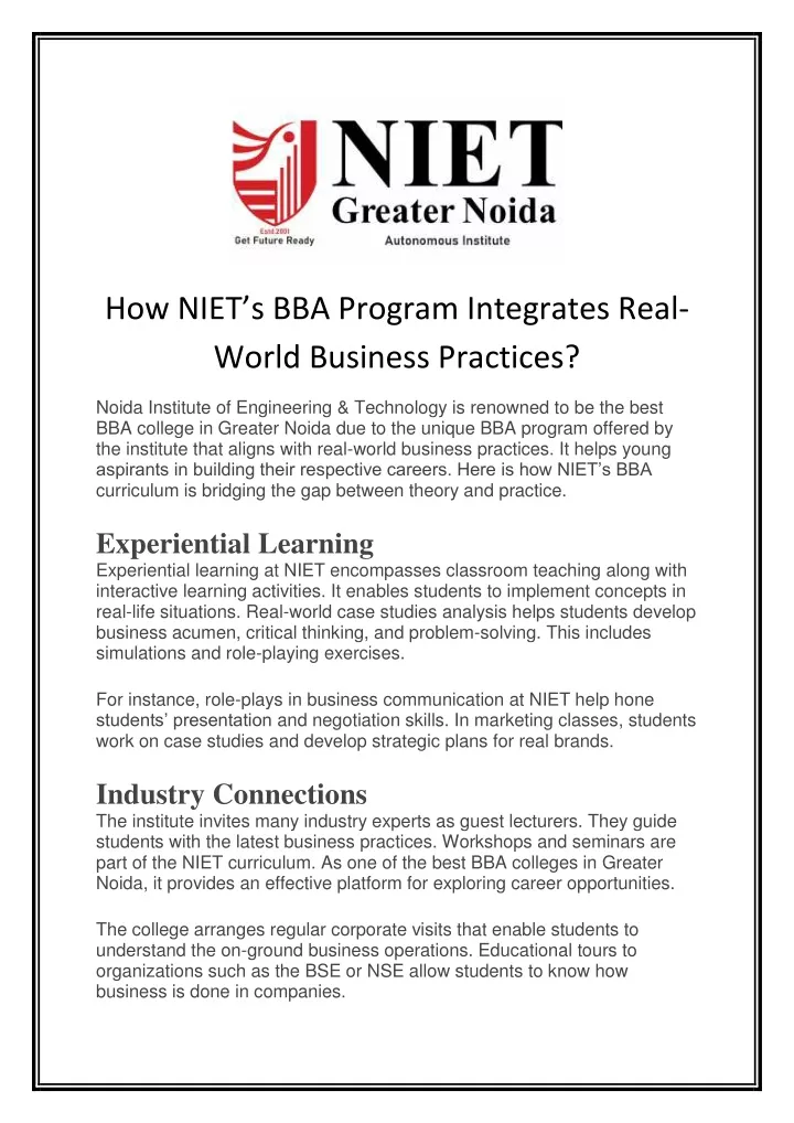 how niet s bba program integrates real world