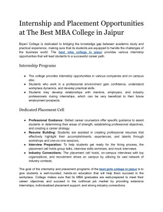 Internship and Placement Opportunities at The Best MBA College in Jaipur