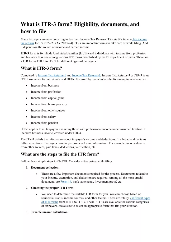 what is itr 3 form eligibility documents