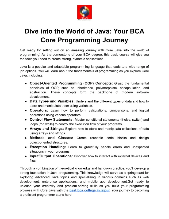 dive into the world of java your bca core