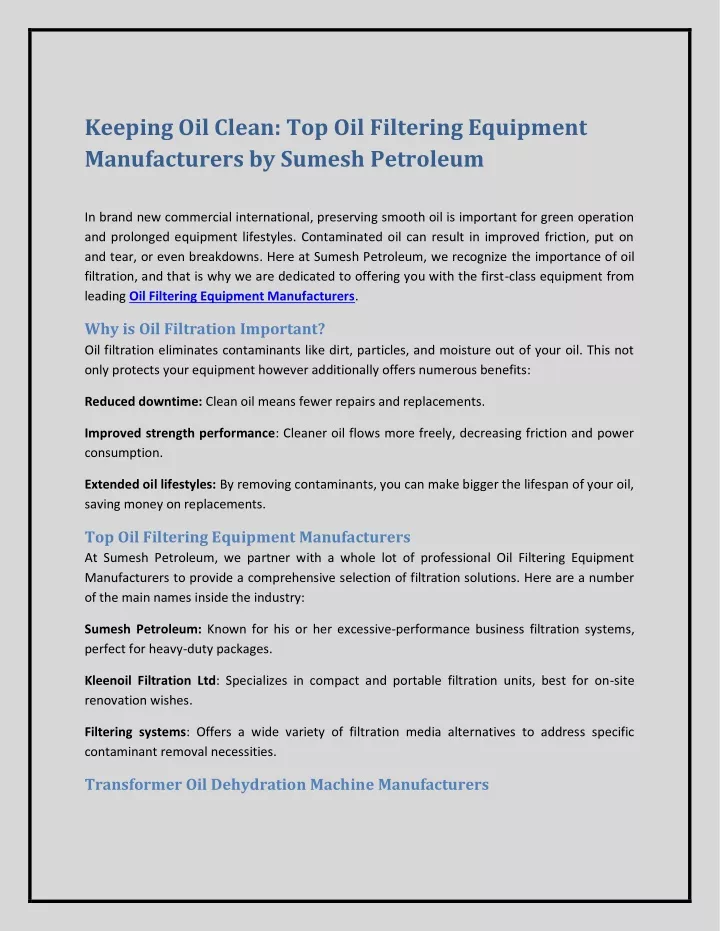 keeping oil clean top oil filtering equipment