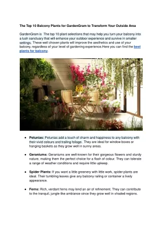 The Top 10 Balcony Plants for GardenGram to Transform Your Outside Area