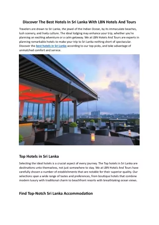 Discover The Best Hotels In Sri Lanka With LBN Hotels And Tours