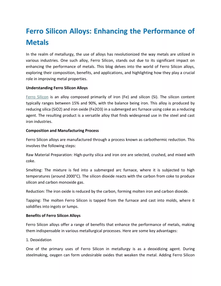 ferro silicon alloys enhancing the performance