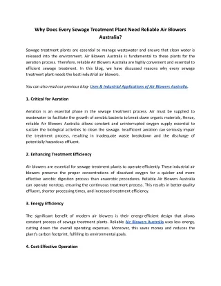 Why Does Every Sewage Treatment Plant Need Reliable Air Blowers Australia