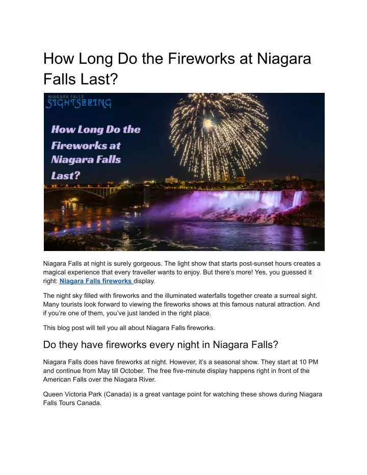 how long do the fireworks at niagara falls last