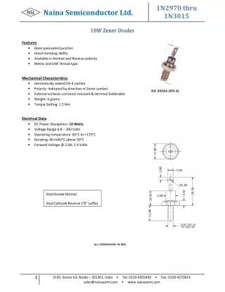 ZENER DIODE 10 WATT, 6.8V, 5%, 2-PIN, DO-4 (1N2970B)