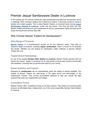 Premier Jaquar Sanitaryware Dealer in Lucknow