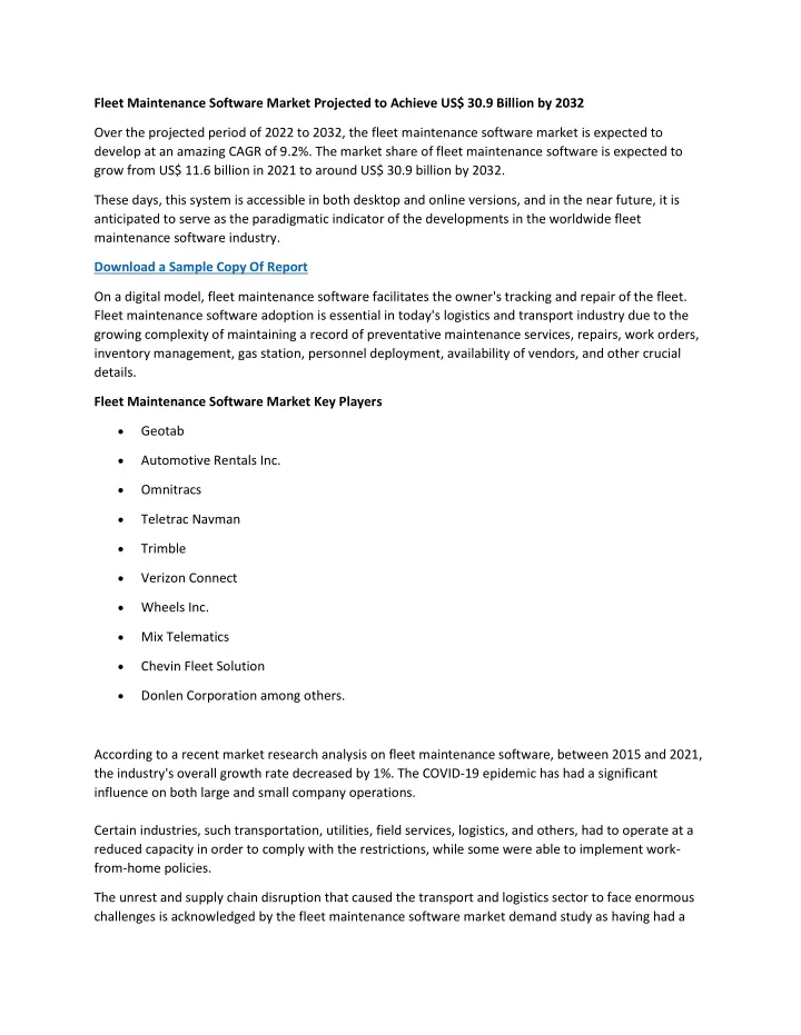 fleet maintenance software market projected