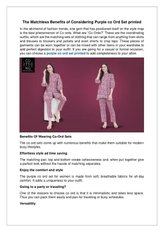 The Matchless Benefits of Considering Purple co Ord Set printed