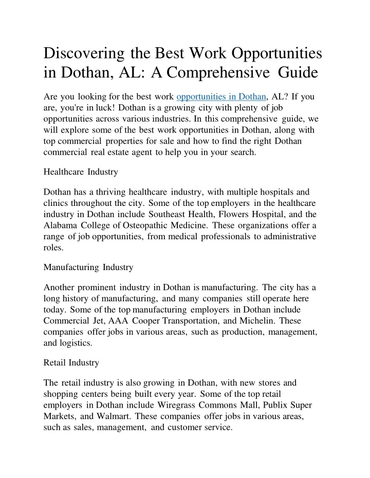 discovering the best work opportunities in dothan al a comprehensive guide