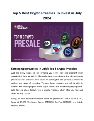 Top 5 Best Crypto Presales To Invest in July 2024