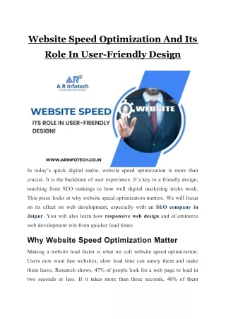 Website Speed Optimization And Its Role In User-Friendly Design