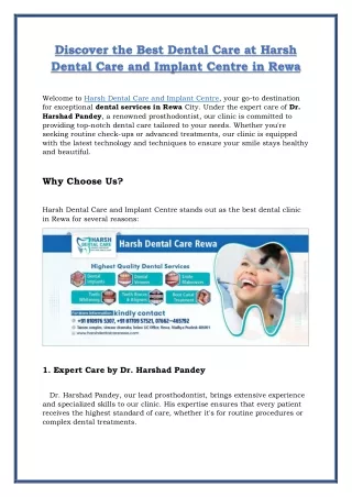 Discover the Best Dental Care at Harsh Dental Care and Implant Centre in Rewa