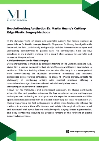 Revolutionizing Aesthetics Dr. Martin Huang's Cutting-Edge Plastic Surgery Methods