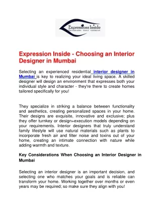 Expression Inside - Choosing an Interior Designer in Mumbai