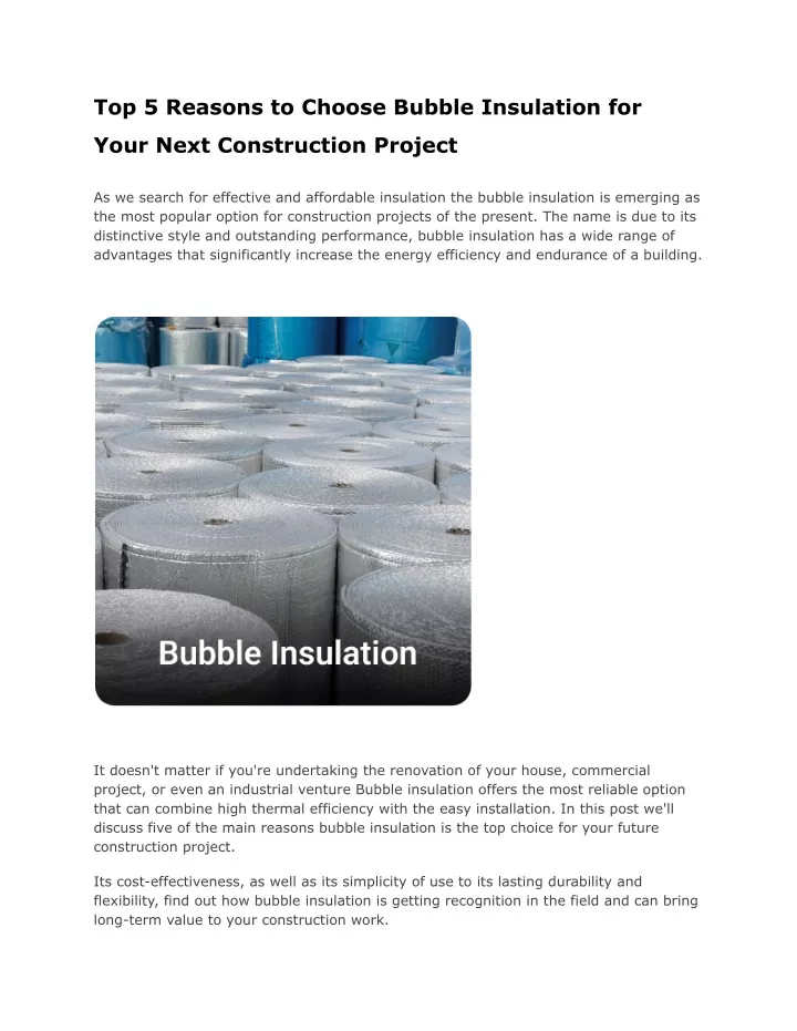 top 5 reasons to choose bubble insulation for