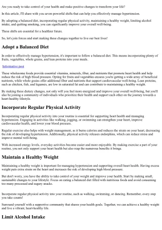 Transform Your Life: Seven Shifts for Winning the Battle Against Hypertension