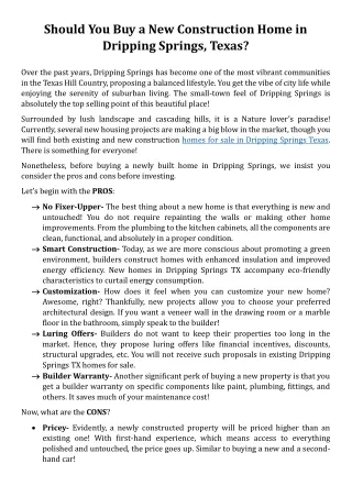 Should You Buy a New Construction Home in  Dripping Springs, Texas.Pdf