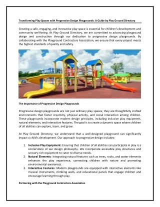 Transforming Play Spaces with Progressive Design Playgrounds: A Guide by Play Gr