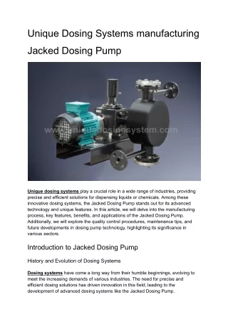 Unique Dosing Systems manufacturing Jacked Dosing Pump