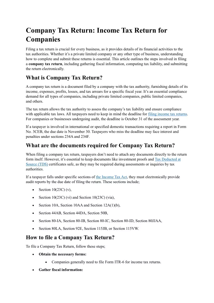 company tax return income tax return for companies