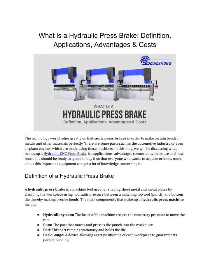 what is a hydraulic press brake definition