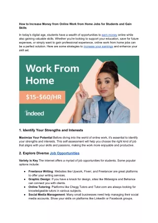 Online work from home jobs for students Money and Gain Skills