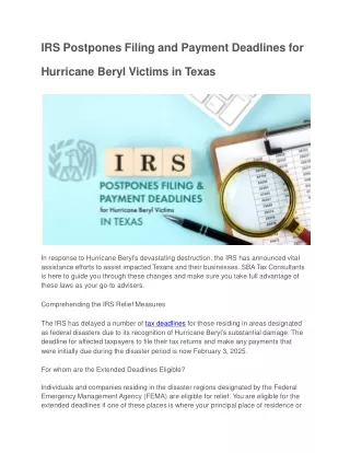 IRS Postpones Filing and Payment Deadlines for Hurricane Beryl Victims in Texas