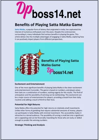 Benefits of Playing Satta Matka Game