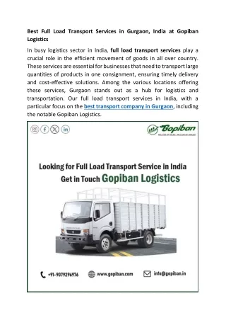 Best Full Load Transport Services in Gurgaon