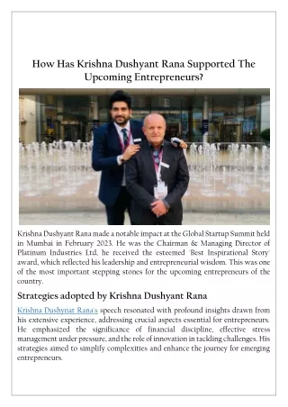 How Has Krishna Dushyant Rana Supported The Upcoming Entrepreneurs?