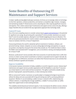 Some Benefits of Outsourcing IT Maintenance and Support Services