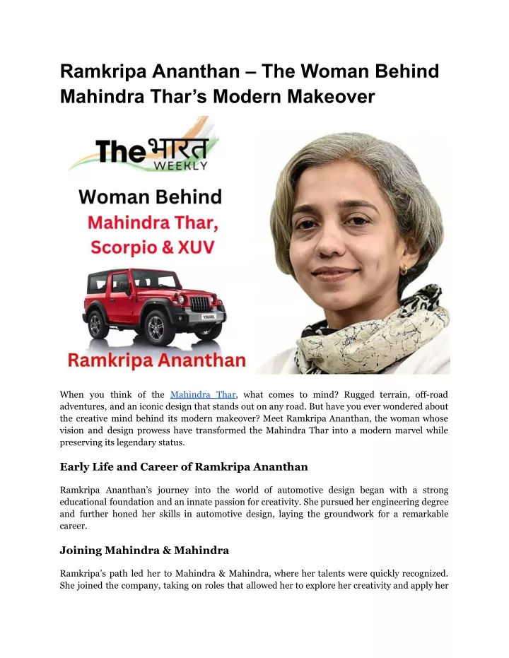 ramkripa ananthan the woman behind mahindra thar