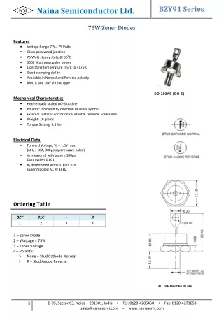 Zener Diode 75 Watt, 47V, 6%, 2-Pin, DO-5 (BZY91C47)