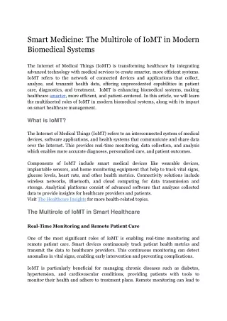 Smart Medicine The Multirole of IoMT in Modern Biomedical Systems