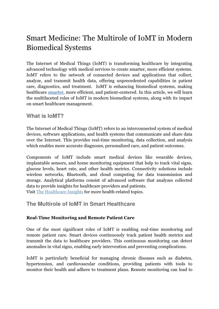 smart medicine the multirole of iomt in modern