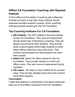 Offline CA Foundation Coaching with Reputed Institute